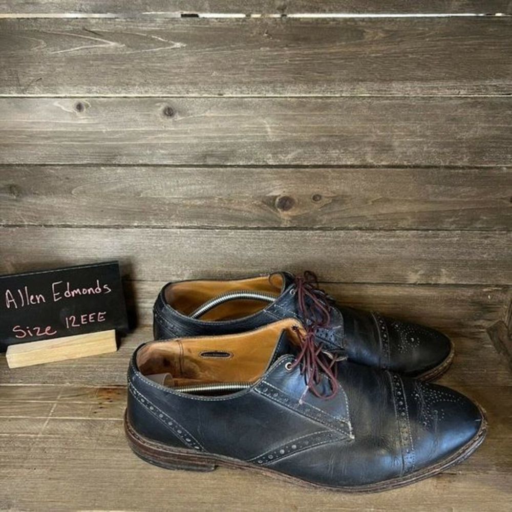 Mens Allen Edmonds Bainbridge Black Leather Cap Toe Brogue Dress Shoes 12 Eee